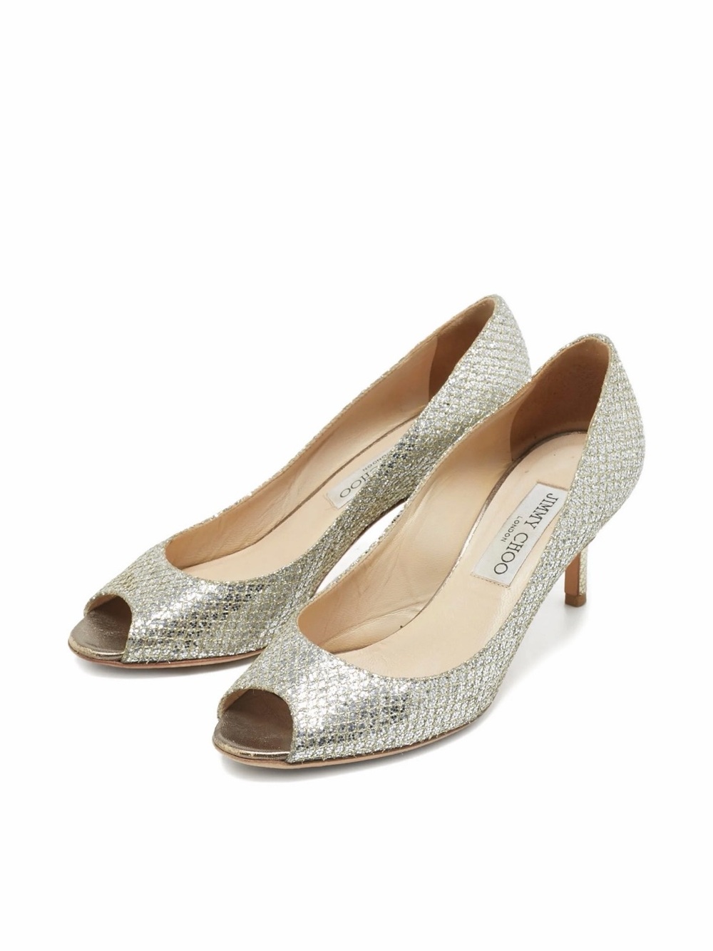 Jimmy Choo Silver Glitter Peep-Toe Pumps with Low Heel